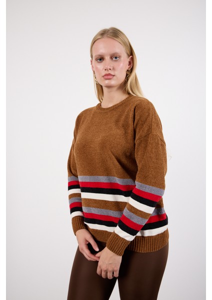 Kadın Taba Çizgili Bisiklet Yaka Şönil Kadife Triko Kazak modelleri