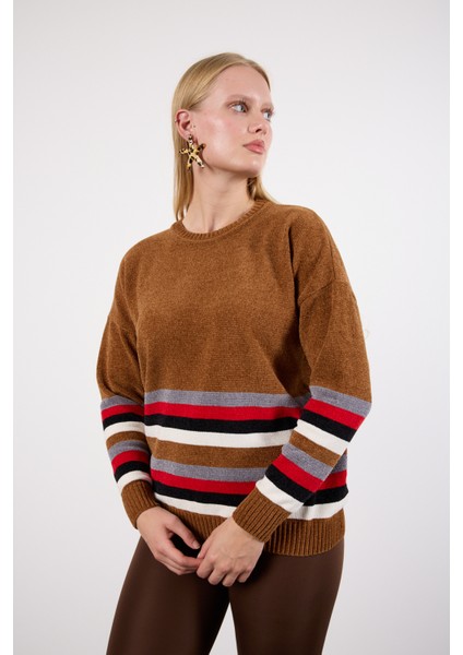 Kadın Taba Çizgili Bisiklet Yaka Şönil Kadife Triko Kazak fırsatları