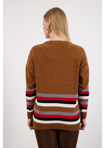 Kadın Taba Çizgili Bisiklet Yaka Şönil Kadife Triko Kazak indirimleri