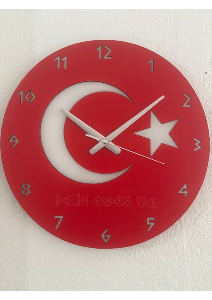 Kişiye Özel Isim Yazılı Ay Yıldız Türk Bayrağı Duvar Saati | Epoksi Dolgulu 40 cm
