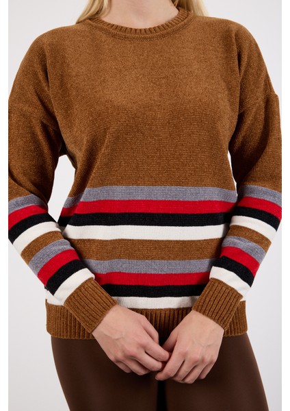 Kadın Taba Çizgili Bisiklet Yaka Şönil Kadife Triko Kazak