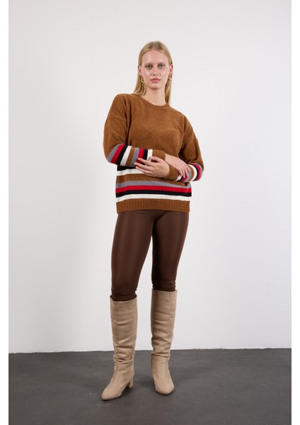 Kadın Taba Çizgili Bisiklet Yaka Şönil Kadife Triko Kazak