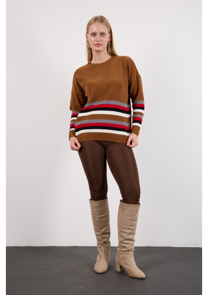 Kadın Taba Çizgili Bisiklet Yaka Şönil Kadife Triko Kazak