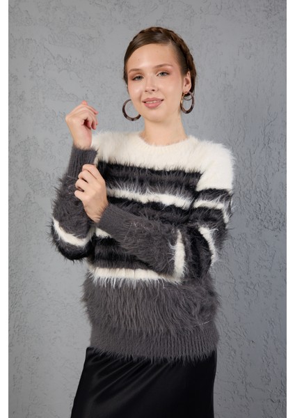 Beyaz-Füme Sakal Iplik Çizgili Bisiklet Yaka Triko Kazak modelleri