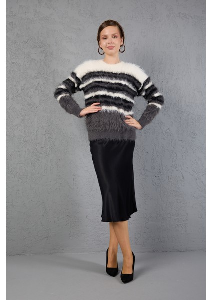 Beyaz-Füme Sakal Iplik Çizgili Bisiklet Yaka Triko Kazak