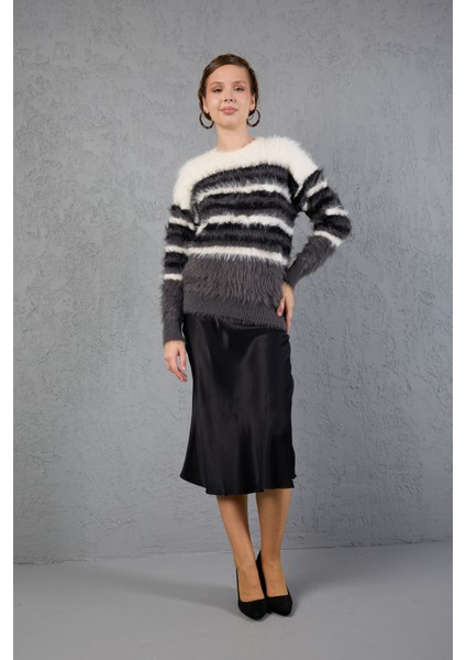 Beyaz-Füme Sakal Iplik Çizgili Bisiklet Yaka Triko Kazak