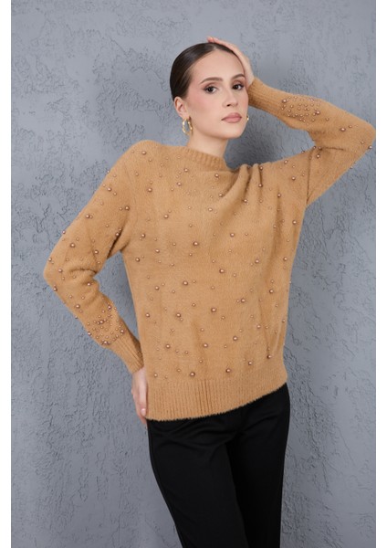 Kadın Bej Sakal Iplik Inci Detaylı Bisiklet Yaka Triko Kazak