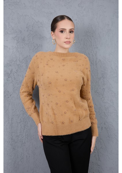 Kadın Bej Sakal Iplik Inci Detaylı Bisiklet Yaka Triko Kazak fiyatları