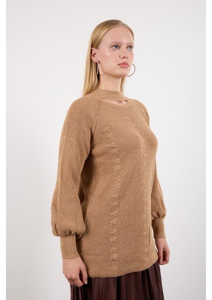 Kadın Bej Reglan Balon Kollu Choker Yaka Simli Triko Kazak fiyatları