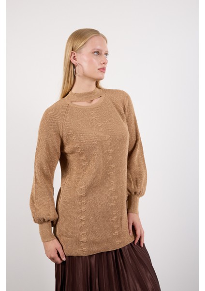 Kadın Bej Reglan Balon Kollu Choker Yaka Simli Triko Kazak modelleri