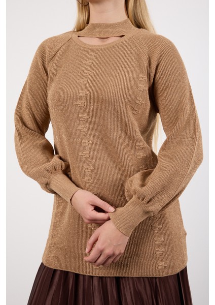 Kadın Bej Reglan Balon Kollu Choker Yaka Simli Triko Kazak fırsatları