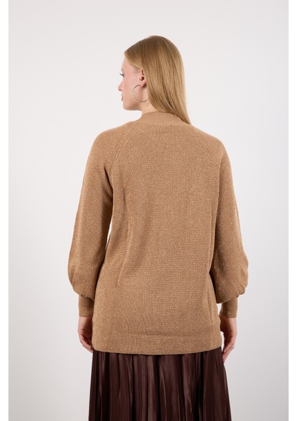 Kadın Bej Reglan Balon Kollu Choker Yaka Simli Triko Kazak indirimleri