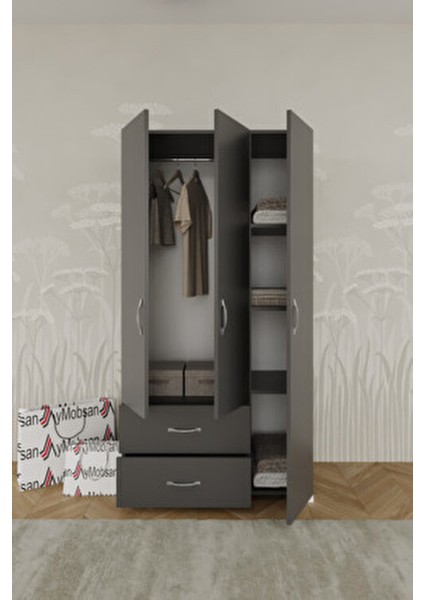 Mavera 3 Kapaklı 2 Çekmeceli Gardrop, Antrasit, 90 cm modelleri