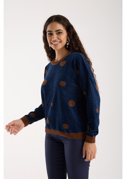 Kadın Koyu Laci Puantiyeli Şönil Kadife Bisiklet Yaka Triko Kazak modelleri