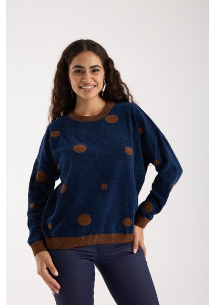 Kadın Koyu Laci Puantiyeli Şönil Kadife Bisiklet Yaka Triko Kazak fırsatları