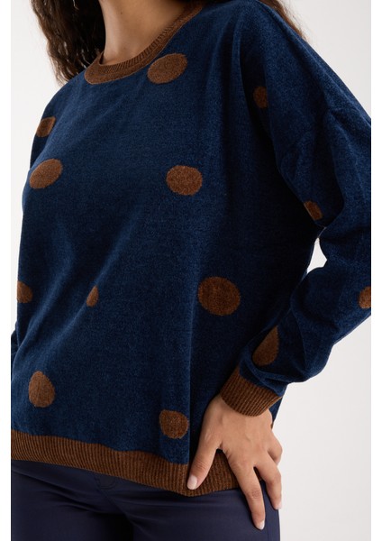 Kadın Koyu Laci Puantiyeli Şönil Kadife Bisiklet Yaka Triko Kazak