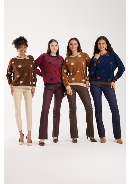 Kadın Koyu Laci Puantiyeli Şönil Kadife Bisiklet Yaka Triko Kazak