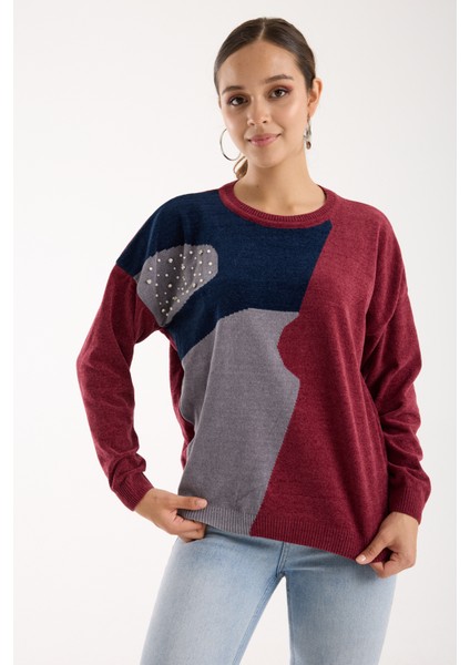 Kadın Bordo Şönil Kadife Renk Bloklu Taş Detaylı Bisiklet Yaka Triko Kazak