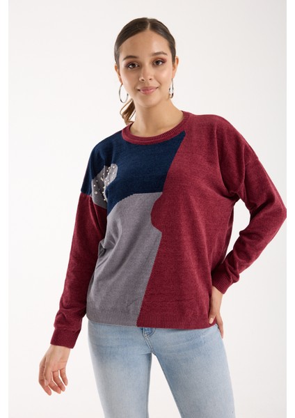 Kadın Bordo Şönil Kadife Renk Bloklu Taş Detaylı Bisiklet Yaka Triko Kazak fiyatları