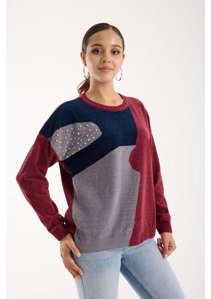 Kadın Bordo Şönil Kadife Renk Bloklu Taş Detaylı Bisiklet Yaka Triko Kazak modelleri