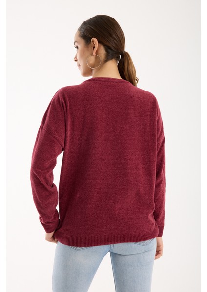 Kadın Bordo Şönil Kadife Renk Bloklu Taş Detaylı Bisiklet Yaka Triko Kazak fırsatları