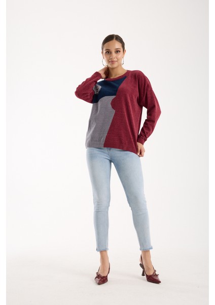 Kadın Bordo Şönil Kadife Renk Bloklu Taş Detaylı Bisiklet Yaka Triko Kazak