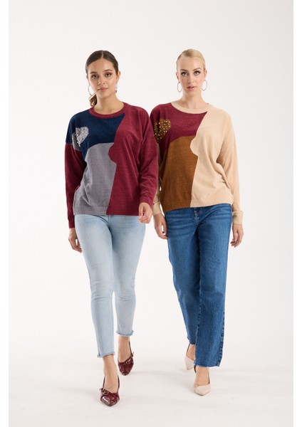 Kadın Bordo Şönil Kadife Renk Bloklu Taş Detaylı Bisiklet Yaka Triko Kazak