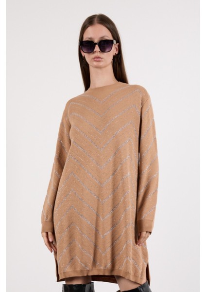 Kadın Bej Yan Yırtmaçlı Bisiklet Yaka Sim Desenli Triko Bluz