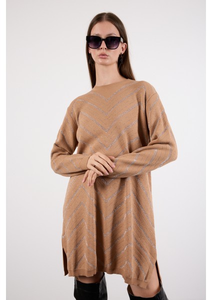 Kadın Bej Yan Yırtmaçlı Bisiklet Yaka Sim Desenli Triko Bluz fiyatları