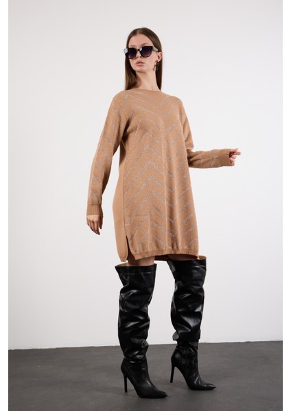 Kadın Bej Yan Yırtmaçlı Bisiklet Yaka Sim Desenli Triko Bluz