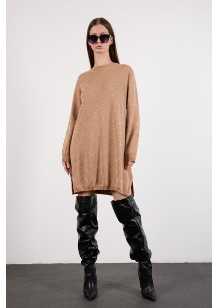 Kadın Bej Yan Yırtmaçlı Bisiklet Yaka Sim Desenli Triko Bluz