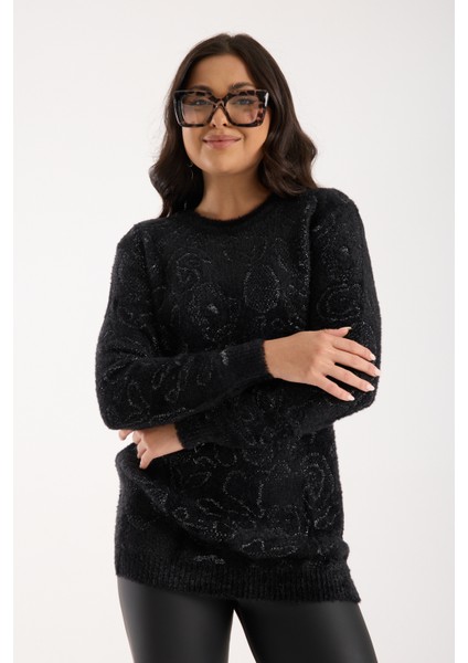 Kadın Siyah-Gri Simli Sakal Iplik Yan Yırtmaçlı Bisiklet Yaka Triko Kazak