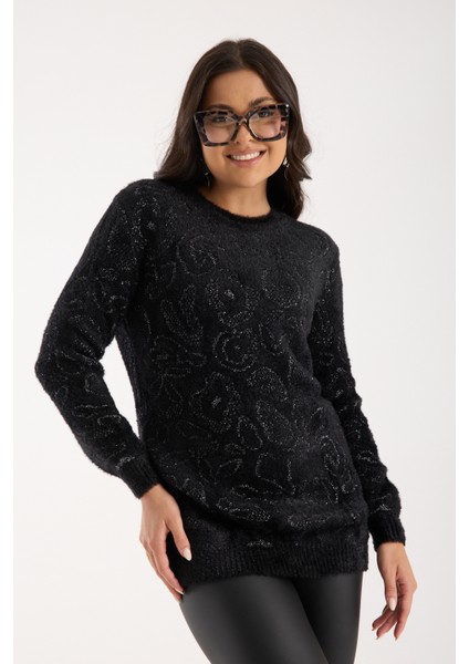 Kadın Siyah-Gri Simli Sakal Iplik Yan Yırtmaçlı Bisiklet Yaka Triko Kazak modelleri