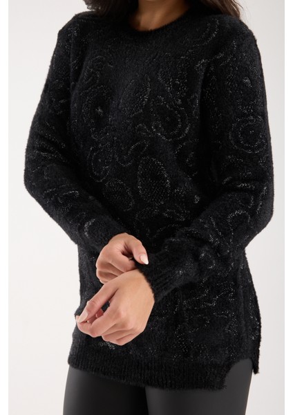 Kadın Siyah-Gri Simli Sakal Iplik Yan Yırtmaçlı Bisiklet Yaka Triko Kazak fırsatları