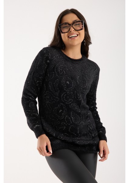 Kadın Siyah-Gri Simli Sakal Iplik Yan Yırtmaçlı Bisiklet Yaka Triko Kazak indirimleri