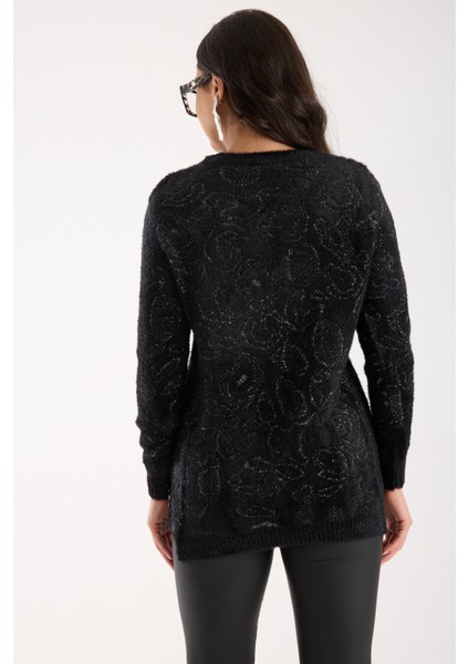 Kadın Siyah-Gri Simli Sakal Iplik Yan Yırtmaçlı Bisiklet Yaka Triko Kazak