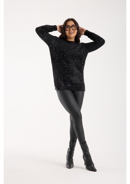 Kadın Siyah-Gri Simli Sakal Iplik Yan Yırtmaçlı Bisiklet Yaka Triko Kazak