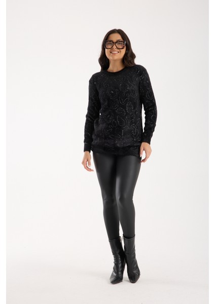 Kadın Siyah-Gri Simli Sakal Iplik Yan Yırtmaçlı Bisiklet Yaka Triko Kazak