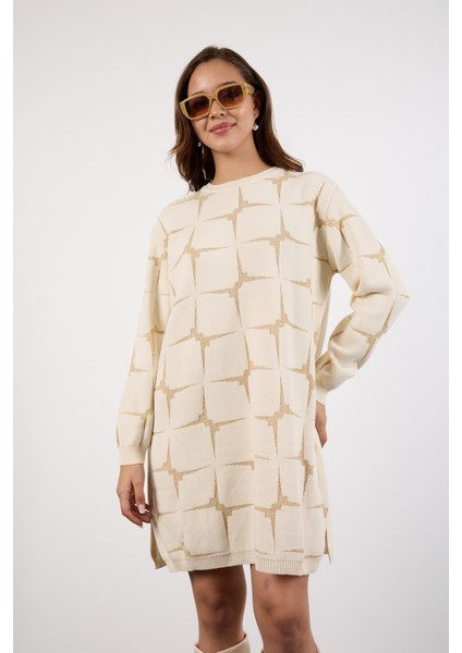 Kadın Ekru Yan Yırtmaçlı Bisiklet Yaka Sim Desenli Triko Bluz fiyatları