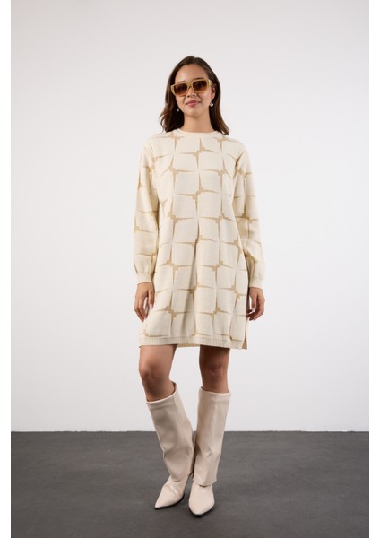 Kadın Ekru Yan Yırtmaçlı Bisiklet Yaka Sim Desenli Triko Bluz indirimleri