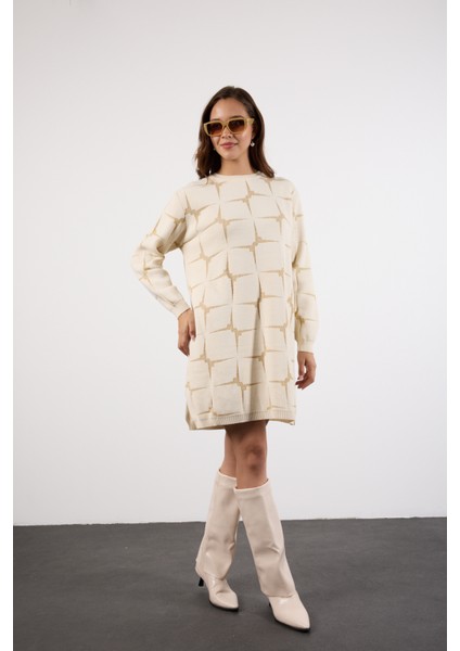 Kadın Ekru Yan Yırtmaçlı Bisiklet Yaka Sim Desenli Triko Bluz