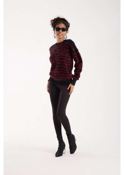 Kadın Siyah-Bordo Sakal Iplik Çizgili Bisiklet Yaka Triko Kazak indirimleri