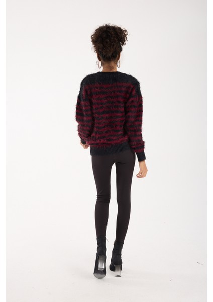 Kadın Siyah-Bordo Sakal Iplik Çizgili Bisiklet Yaka Triko Kazak