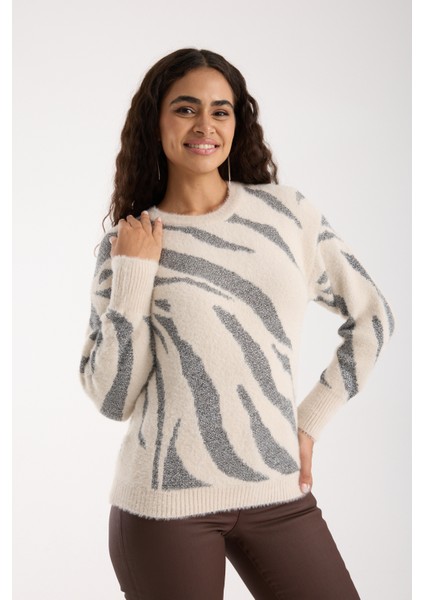 Kadın Ekru Simli Sakal Iplik Balon Kollu Bisiklet Yaka Triko Kazak fiyatları