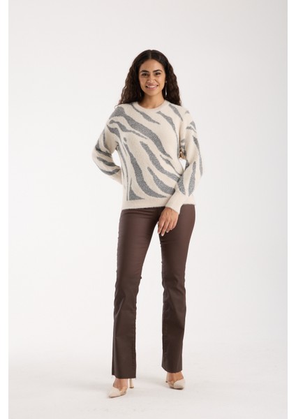 Kadın Ekru Simli Sakal Iplik Balon Kollu Bisiklet Yaka Triko Kazak