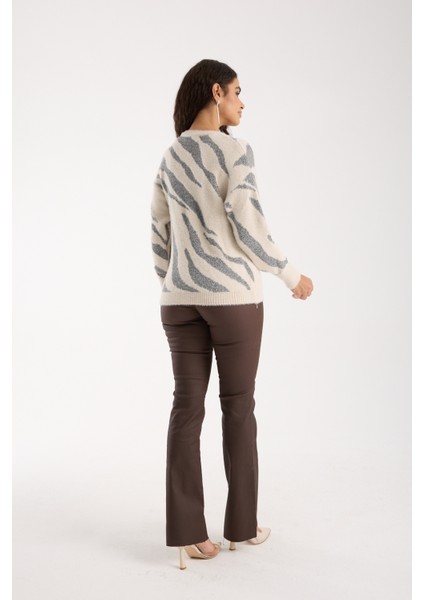 Kadın Ekru Simli Sakal Iplik Balon Kollu Bisiklet Yaka Triko Kazak