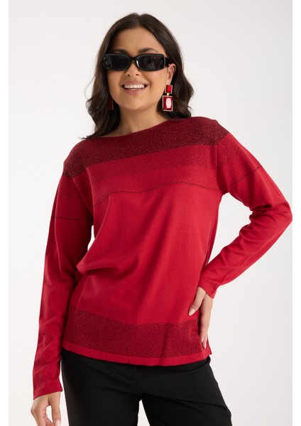 Kadın Kırmızı Viskon Kumaş Kayık Yaka Simli Triko Bluz