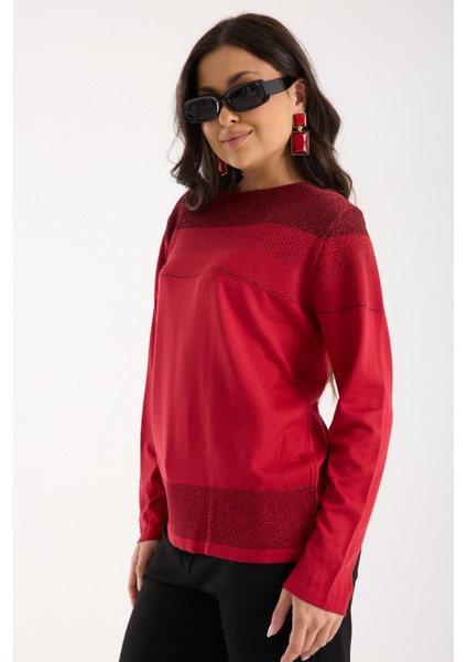 Kadın Kırmızı Viskon Kumaş Kayık Yaka Simli Triko Bluz fiyatları