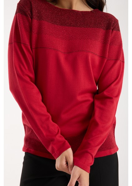 Kadın Kırmızı Viskon Kumaş Kayık Yaka Simli Triko Bluz modelleri