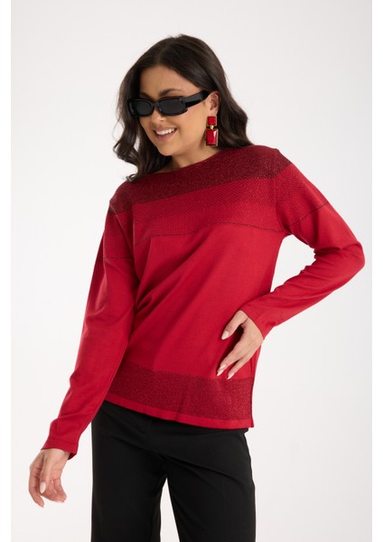 Kadın Kırmızı Viskon Kumaş Kayık Yaka Simli Triko Bluz fırsatları